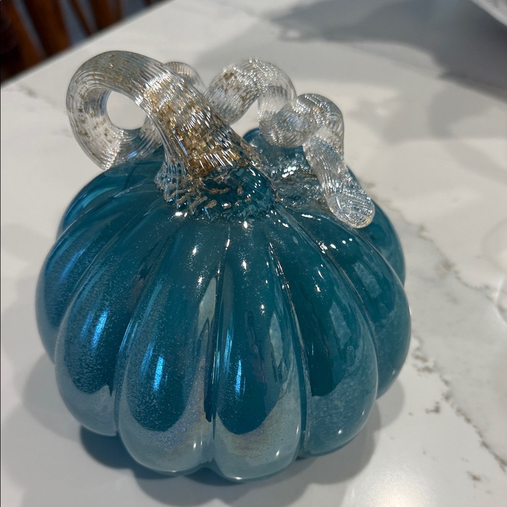 Elegant Glass Pumpkin Decor in Teal and Silver - Picture 2 of 5